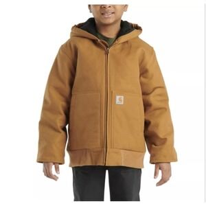 Youth Sz Xs 6 Vtg Carhartt Duck Flannel Quilted Lined Hooded Zip Jacket Brown